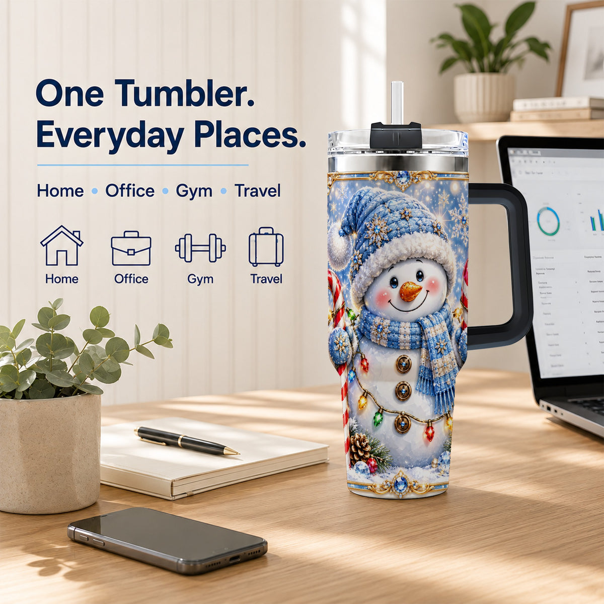 #pl[40oz|Black] Jeweled Snowman 40oz Tumbler, Candy Cane Stainless Steel Travel Cup