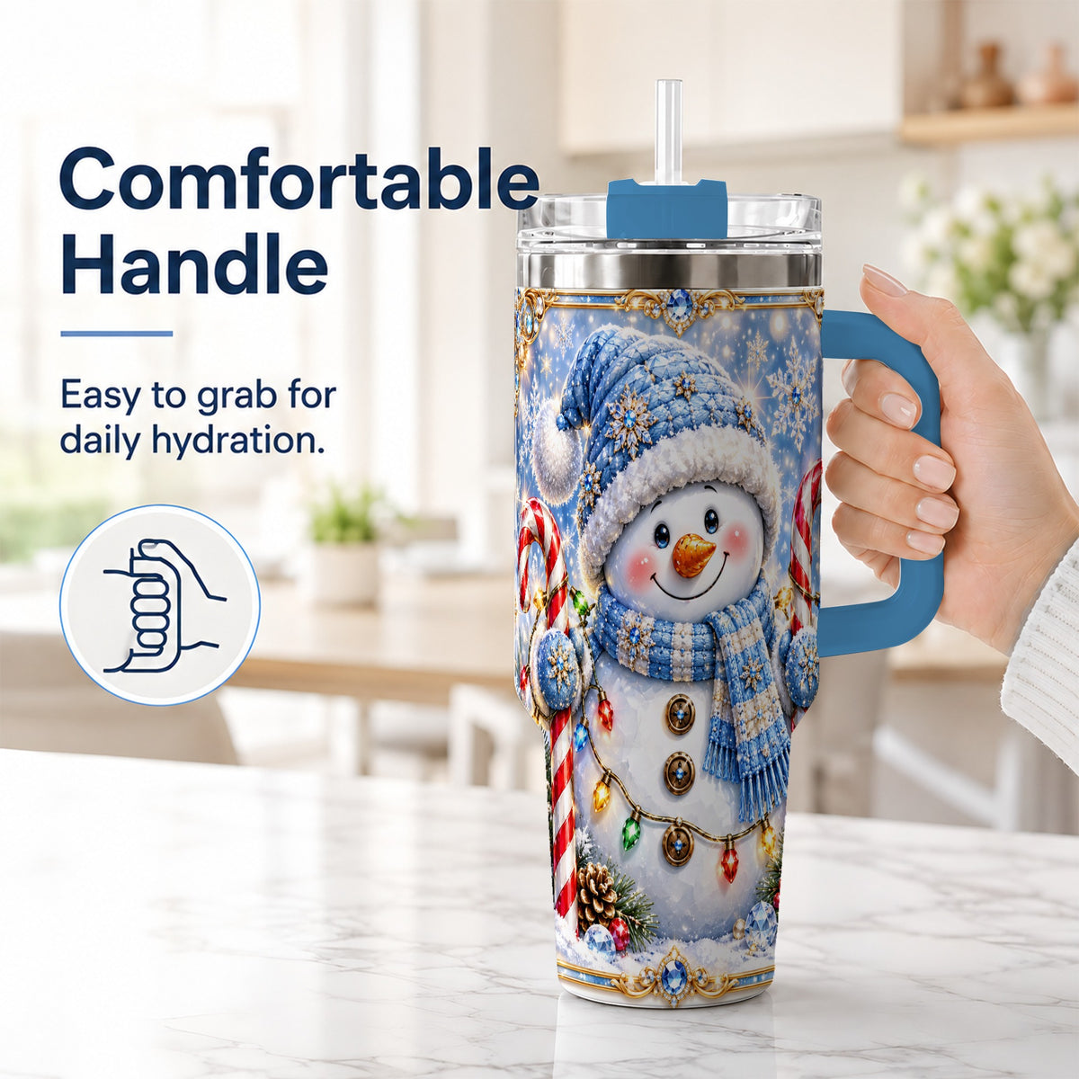 #pl[40oz|Blue] Jeweled Snowman 40oz Tumbler, Candy Cane Stainless Steel Travel Cup