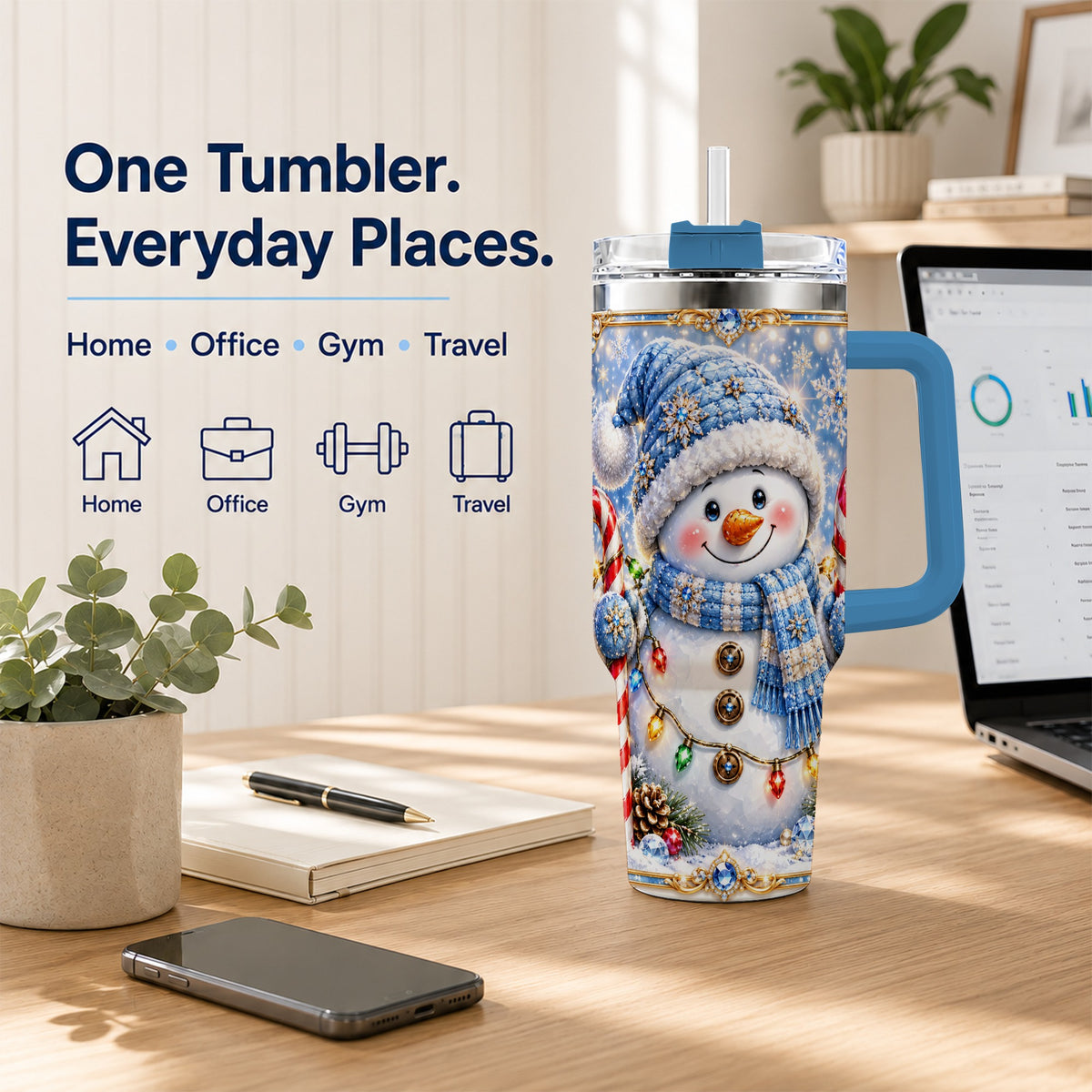#pl[40oz|Blue] Jeweled Snowman 40oz Tumbler, Candy Cane Stainless Steel Travel Cup
