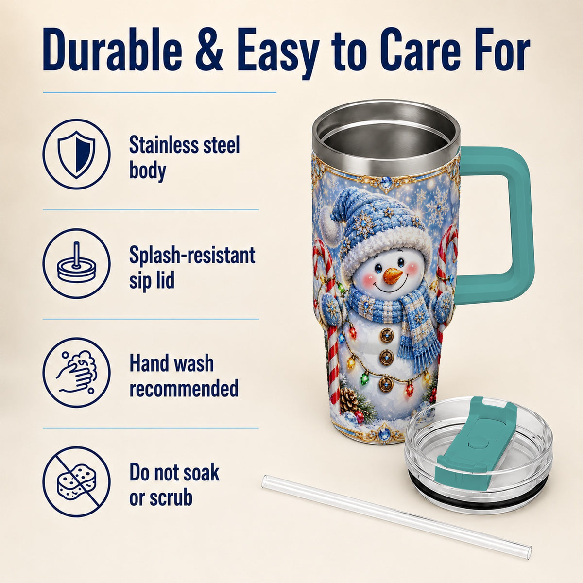 #pl[40oz|Green] Jeweled Snowman 40oz Tumbler, Candy Cane Stainless Steel Travel Cup