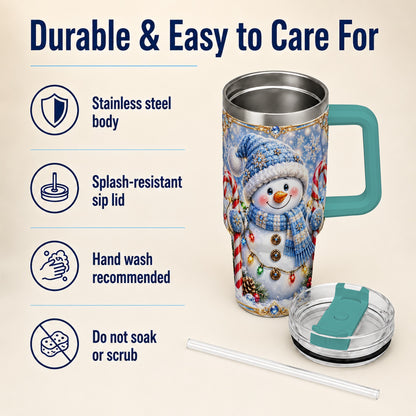 #pl[40oz|Green] Jeweled Snowman 40oz Tumbler, Candy Cane Stainless Steel Travel Cup