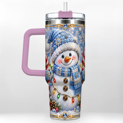 #pl[40oz|Pink] Jeweled Snowman 40oz Tumbler, Candy Cane Stainless Steel Travel Cup