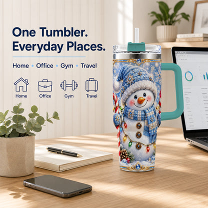 #pl[40oz|Green] Jeweled Snowman 40oz Tumbler, Candy Cane Stainless Steel Travel Cup