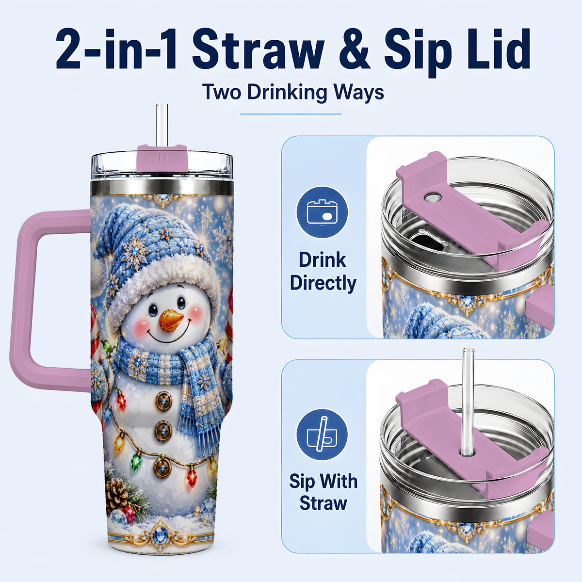 #pl[40oz|Pink] Jeweled Snowman 40oz Tumbler, Candy Cane Stainless Steel Travel Cup