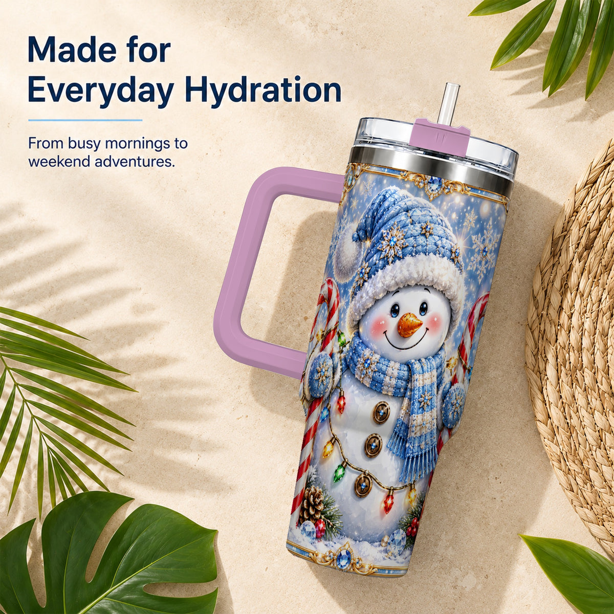 #pl[40oz|Pink] Jeweled Snowman 40oz Tumbler, Candy Cane Stainless Steel Travel Cup