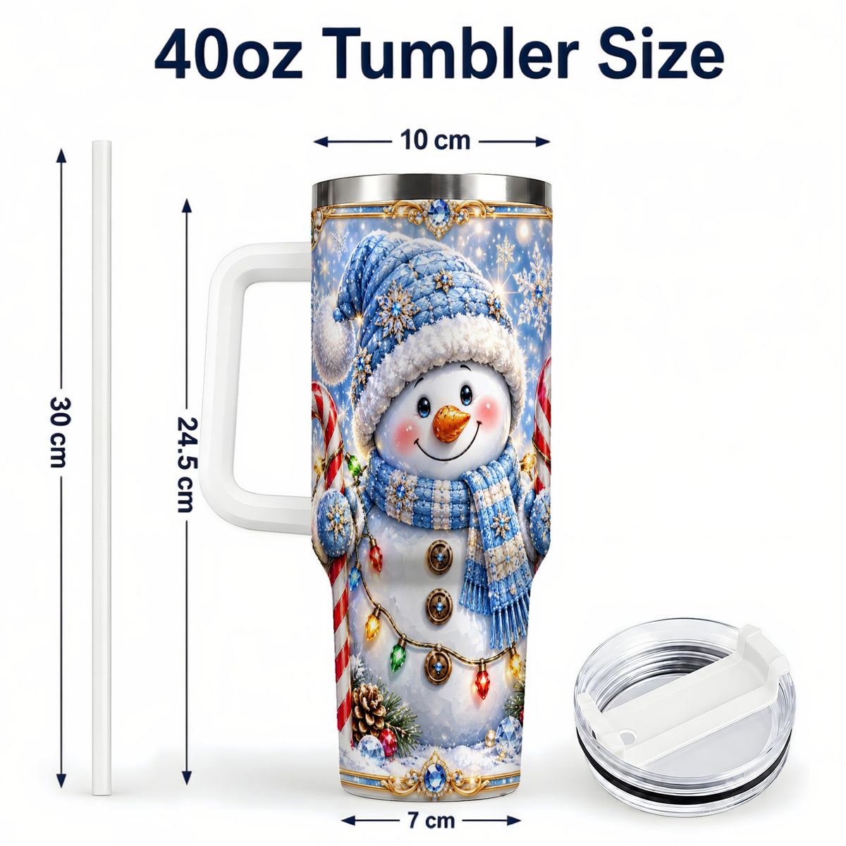 #pl[40oz|White] Jeweled Snowman 40oz Tumbler, Candy Cane Stainless Steel Travel Cup