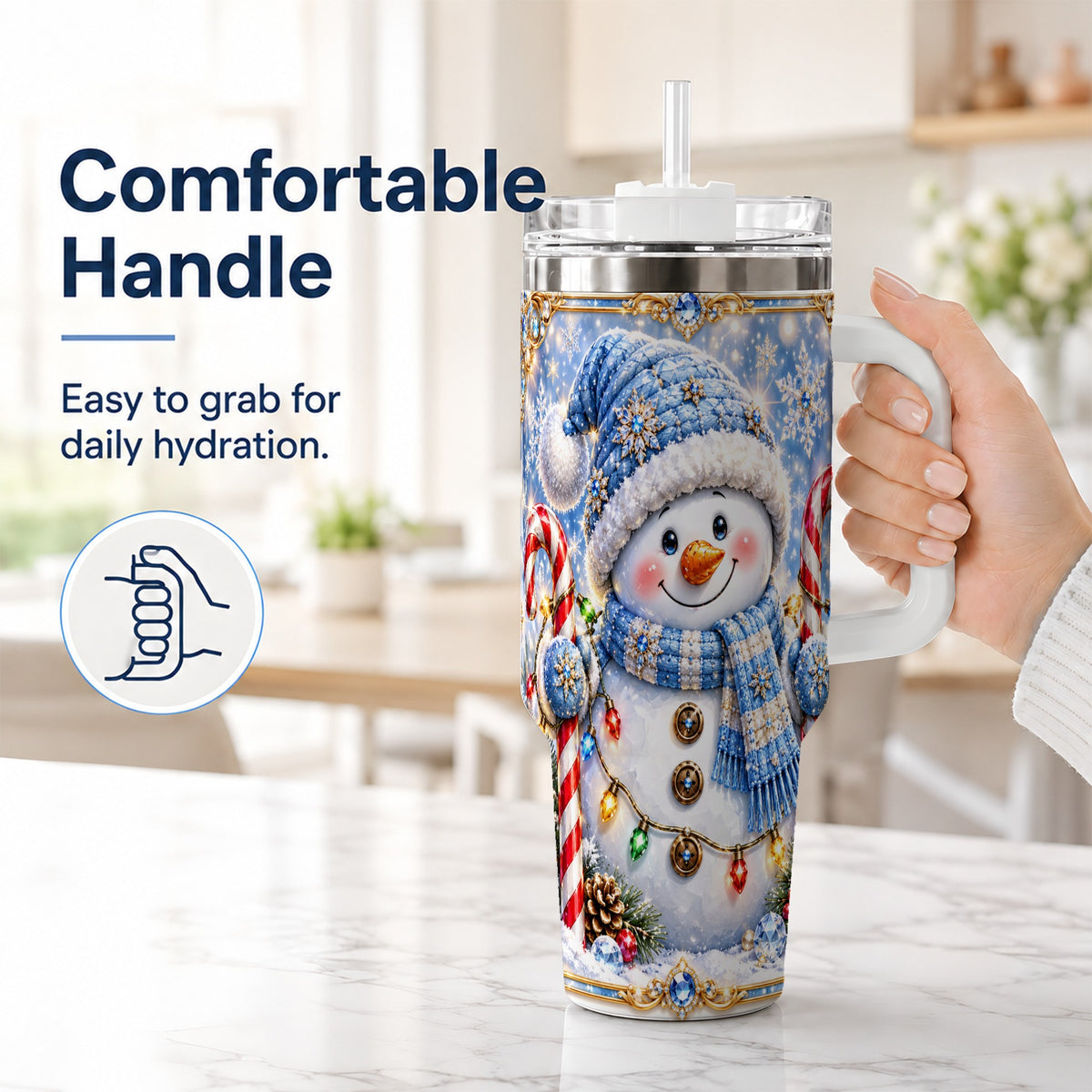 #pl[40oz|White] Jeweled Snowman 40oz Tumbler, Candy Cane Stainless Steel Travel Cup