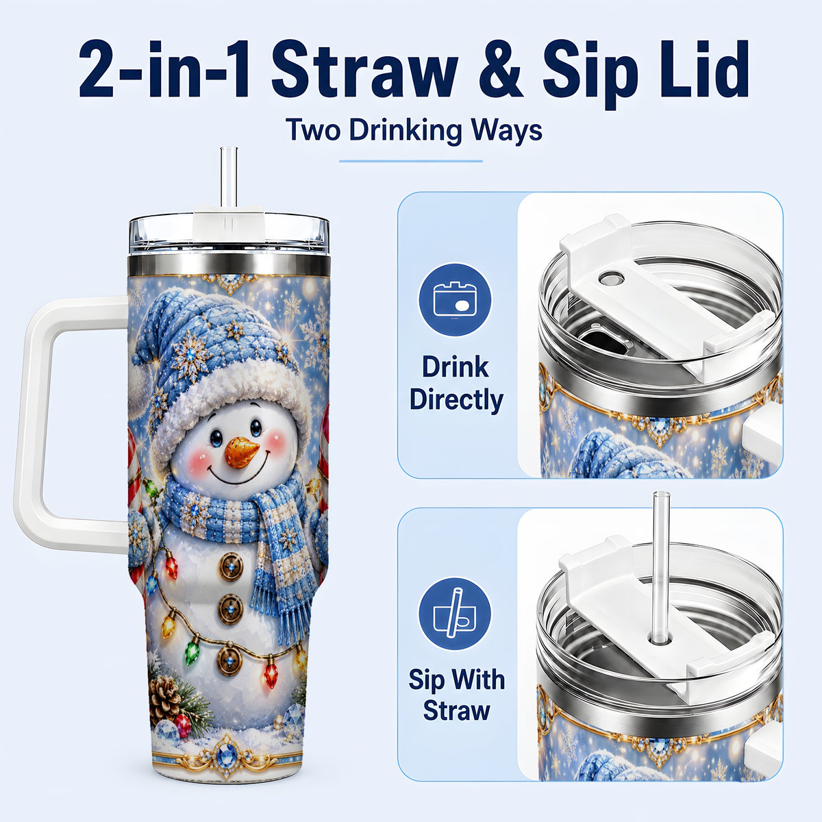 #pl[40oz|White] Jeweled Snowman 40oz Tumbler, Candy Cane Stainless Steel Travel Cup