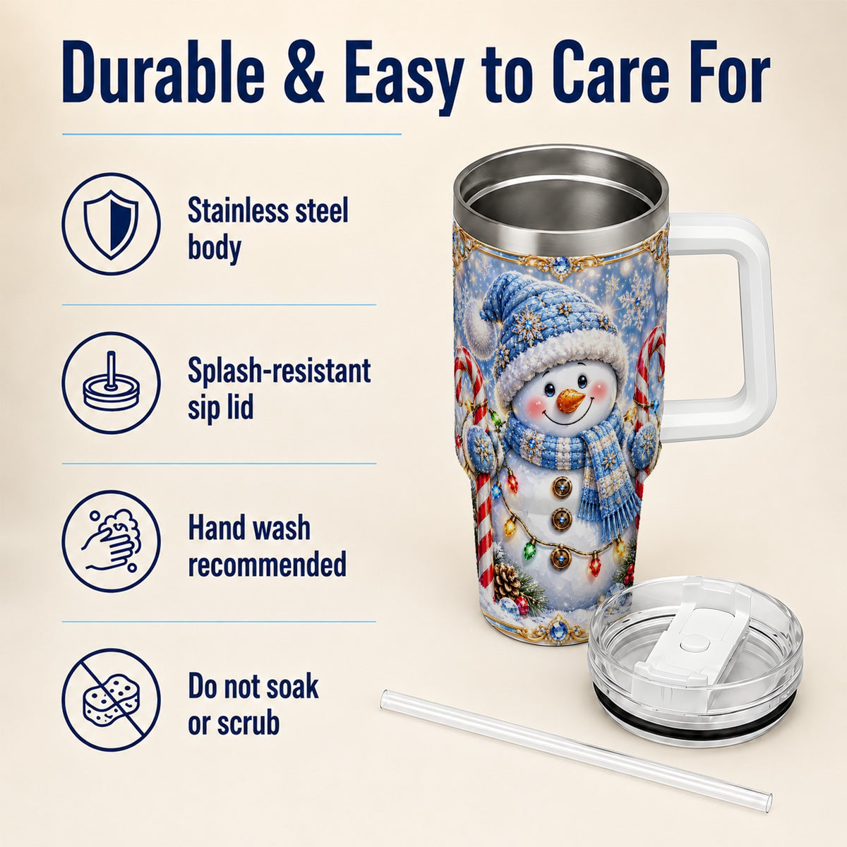 #pl[40oz|White] Jeweled Snowman 40oz Tumbler, Candy Cane Stainless Steel Travel Cup