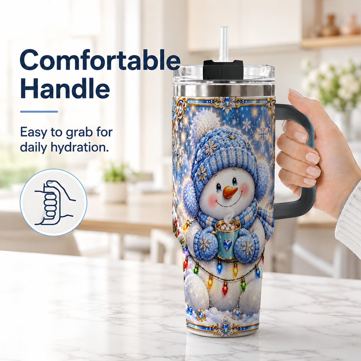 #pl[40oz|Black] Cozy Snowman 40oz Tumbler, Winter Cocoa Stainless Steel Travel Cup
