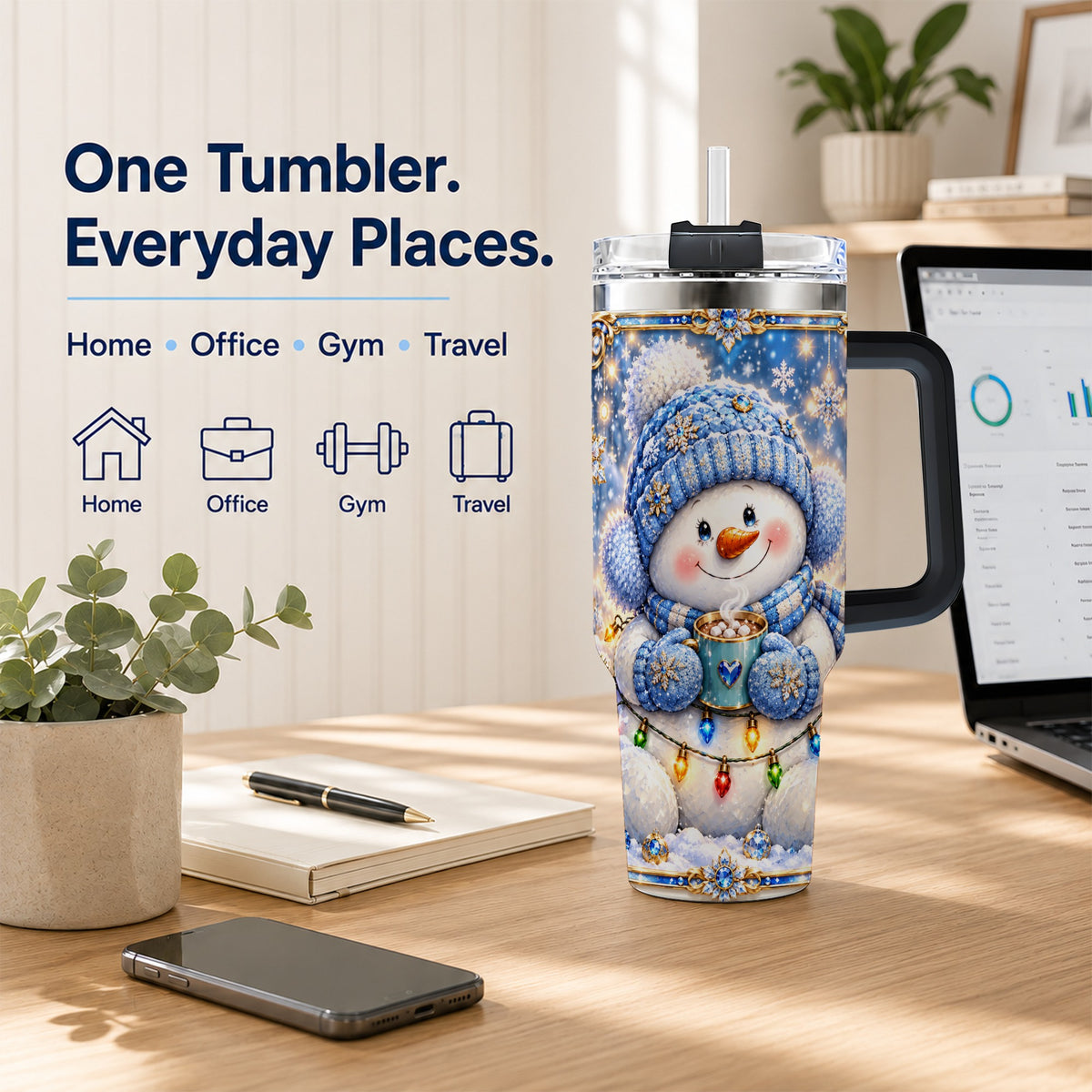 #pl[40oz|Black] Cozy Snowman 40oz Tumbler, Winter Cocoa Stainless Steel Travel Cup
