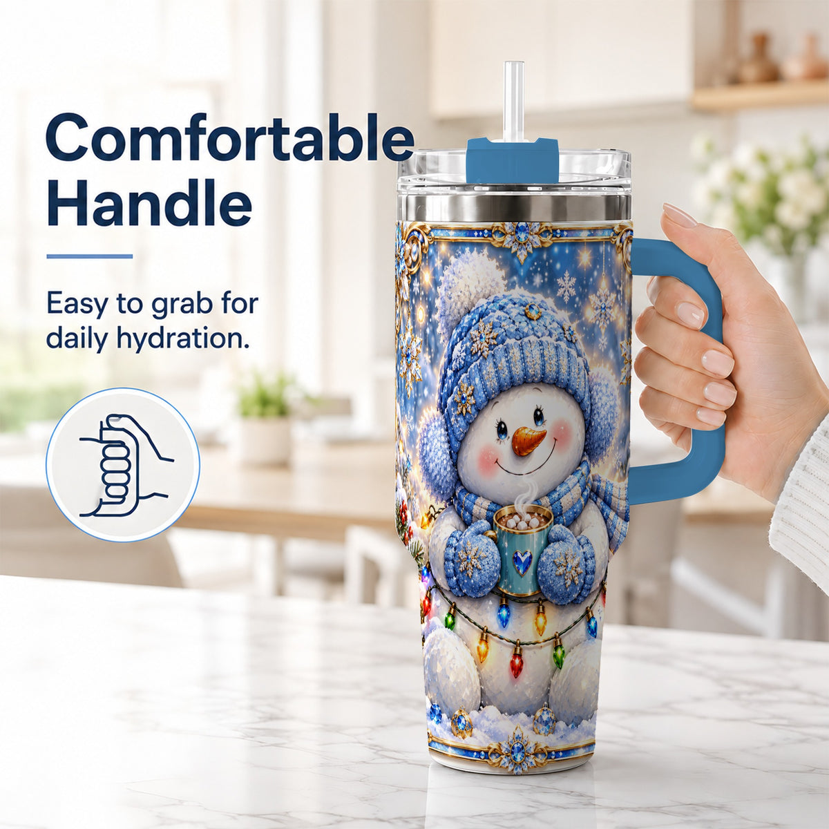 #pl[40oz|Blue] Cozy Snowman 40oz Tumbler, Winter Cocoa Stainless Steel Travel Cup