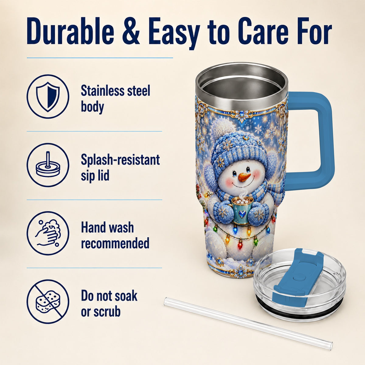 #pl[40oz|Blue] Cozy Snowman 40oz Tumbler, Winter Cocoa Stainless Steel Travel Cup