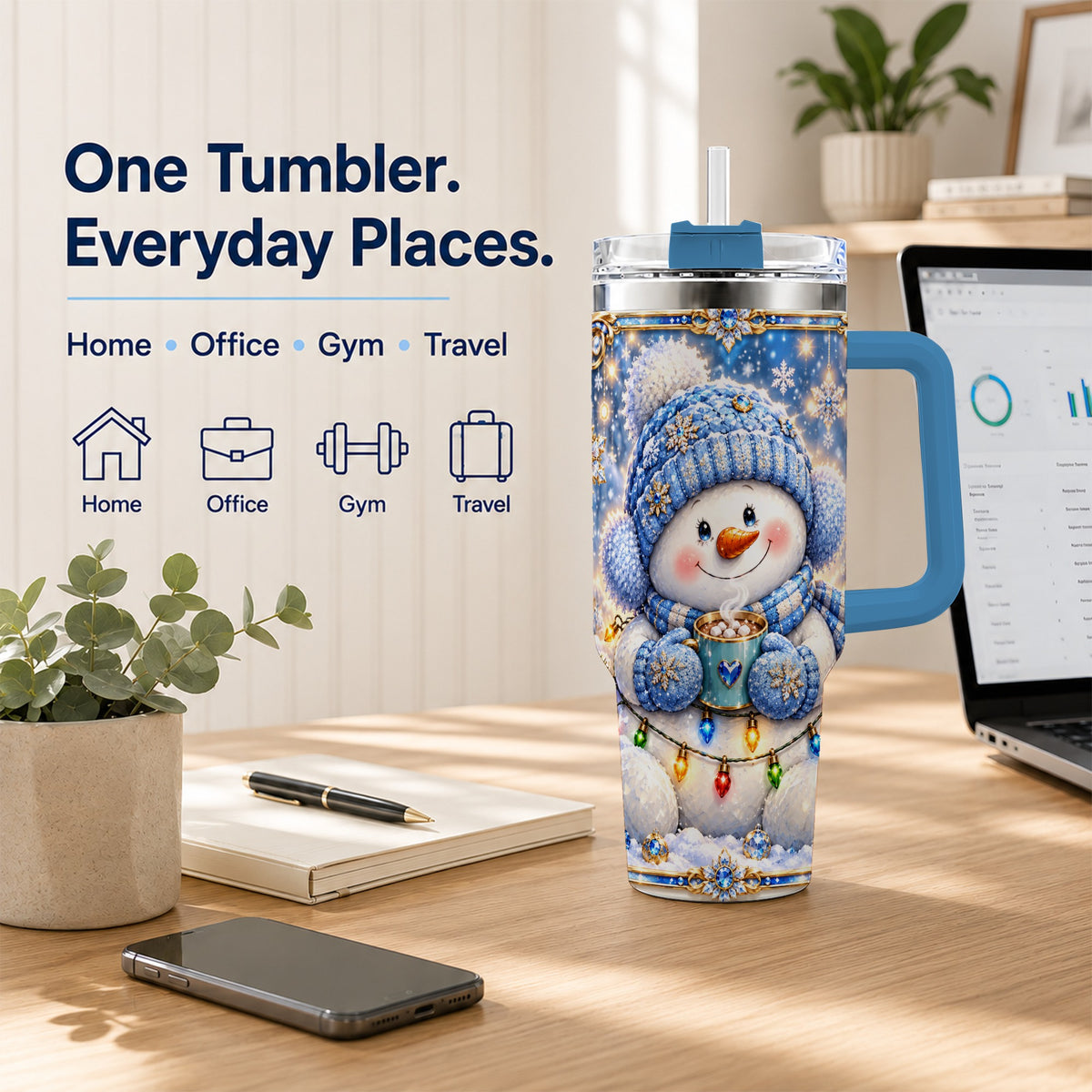 #pl[40oz|Blue] Cozy Snowman 40oz Tumbler, Winter Cocoa Stainless Steel Travel Cup