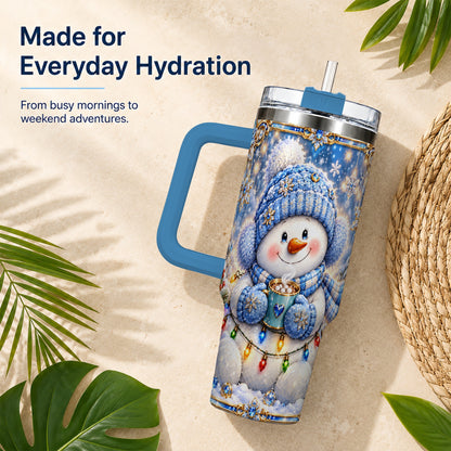 #pl[40oz|Blue] Cozy Snowman 40oz Tumbler, Winter Cocoa Stainless Steel Travel Cup
