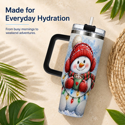 #pl[40oz|Black] Cozy Cocoa Snowman 40oz Tumbler with Handle, Stainless Steel Travel Cup