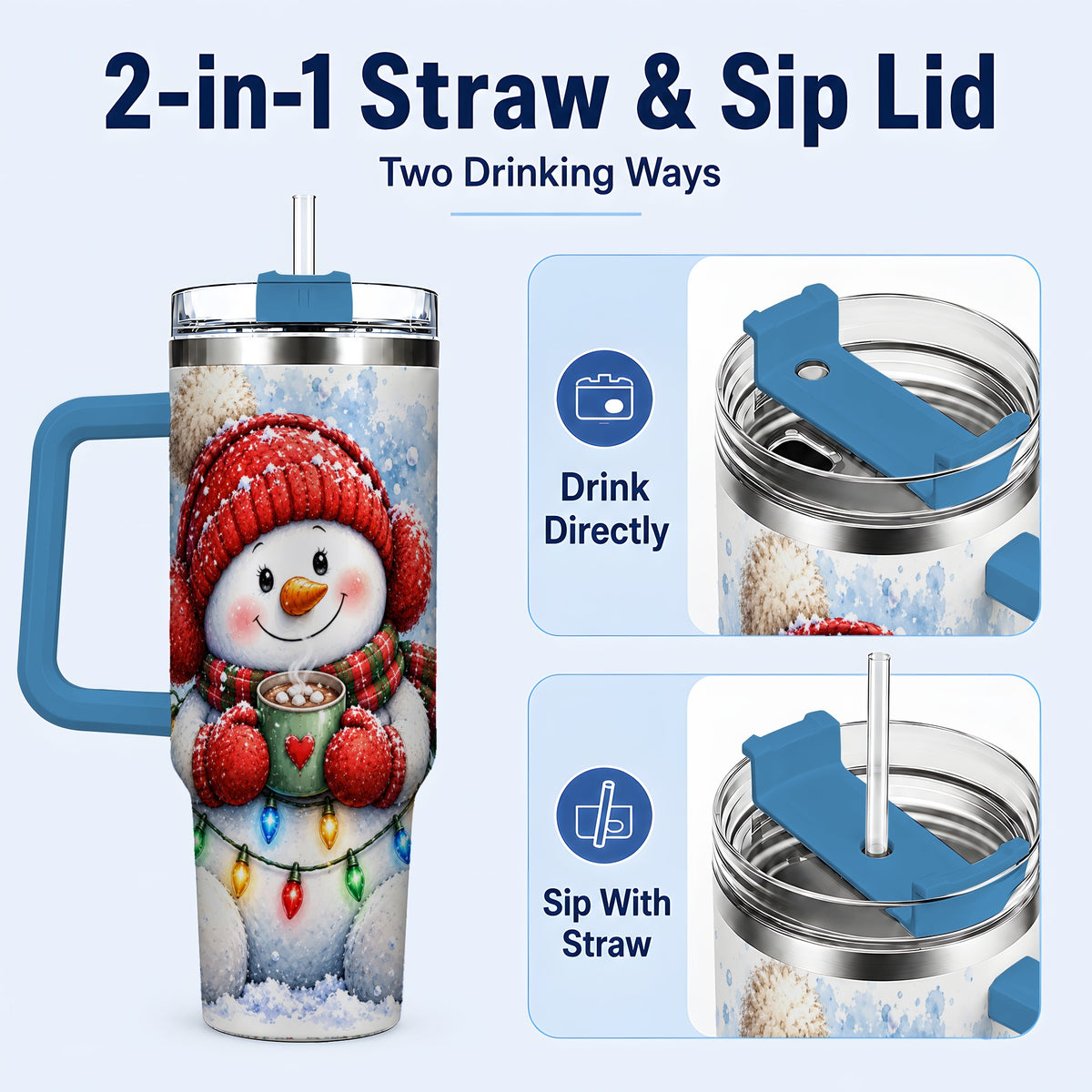 #pl[40oz|Blue] Cozy Cocoa Snowman 40oz Tumbler with Handle, Stainless Steel Travel Cup