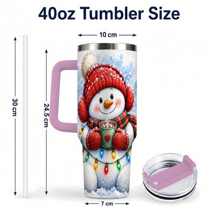 #pl[40oz|Pink] Cozy Cocoa Snowman 40oz Tumbler with Handle, Stainless Steel Travel Cup