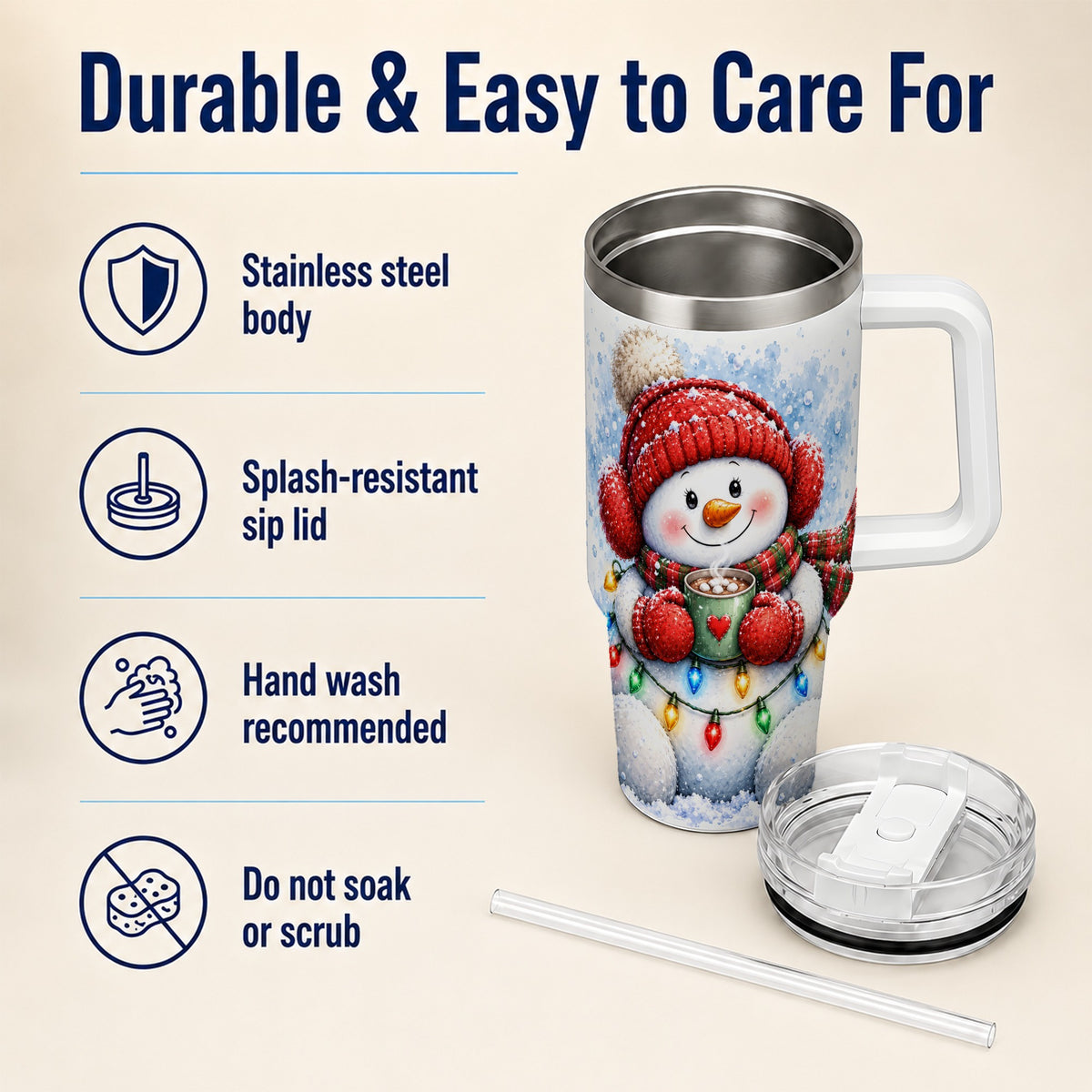 #pl[40oz|White] Cozy Cocoa Snowman 40oz Tumbler with Handle, Stainless Steel Travel Cup