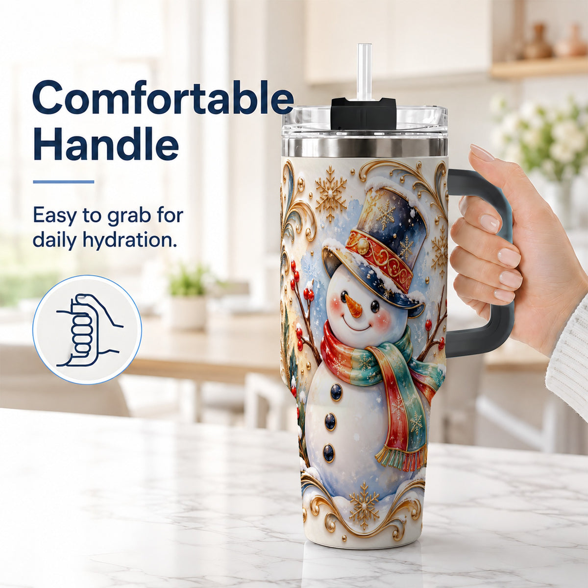 #pl[40oz|Black] Ornate Snowman 40oz Tumbler with Handle, Stainless Steel Travel Cup