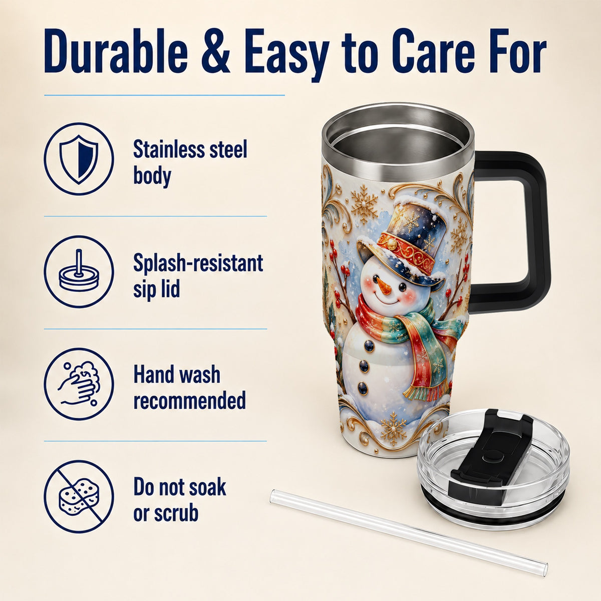 #pl[40oz|Black] Ornate Snowman 40oz Tumbler with Handle, Stainless Steel Travel Cup