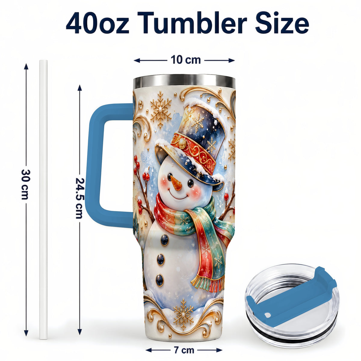 #pl[40oz|Blue] Ornate Snowman 40oz Tumbler with Handle, Stainless Steel Travel Cup