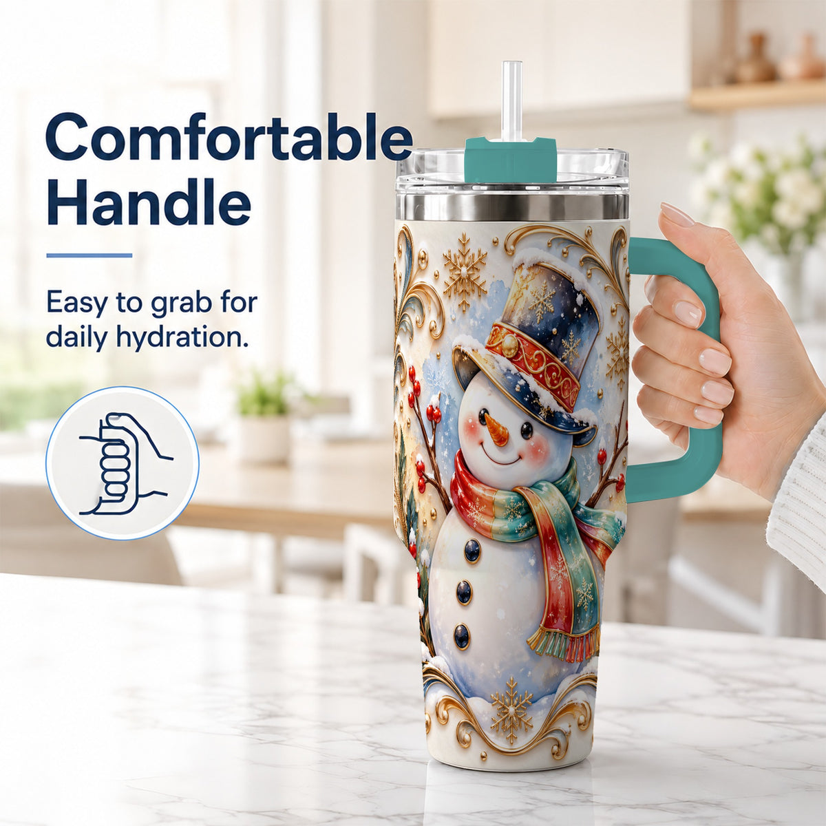 #pl[40oz|Green] Ornate Snowman 40oz Tumbler with Handle, Stainless Steel Travel Cup