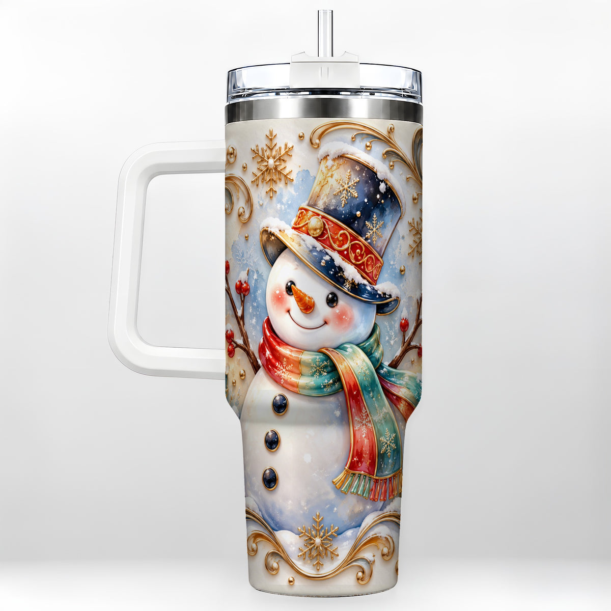 Ornate Snowman 40oz Tumbler with Handle, Stainless Steel Travel Cup