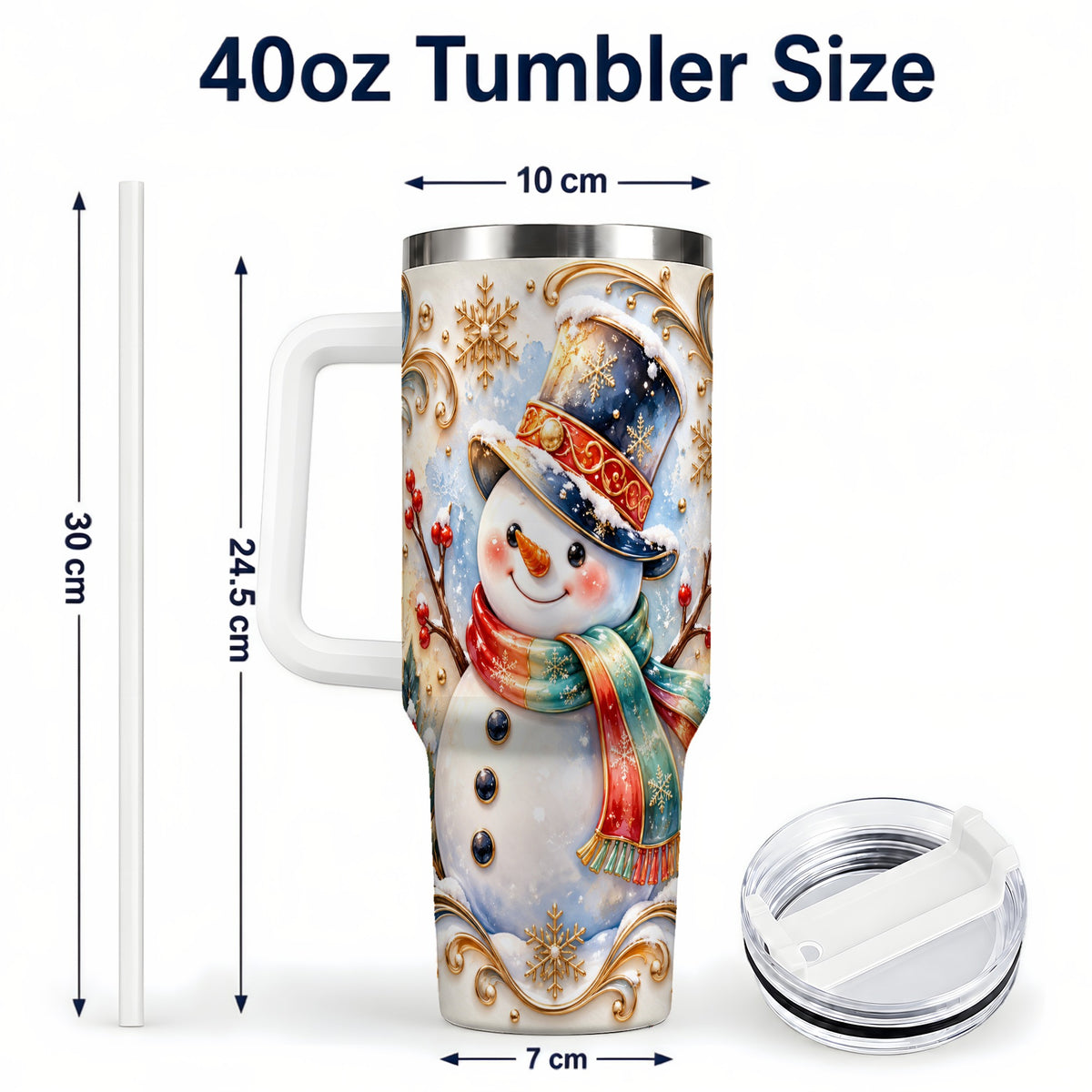 #pl[40oz|White] Ornate Snowman 40oz Tumbler with Handle, Stainless Steel Travel Cup