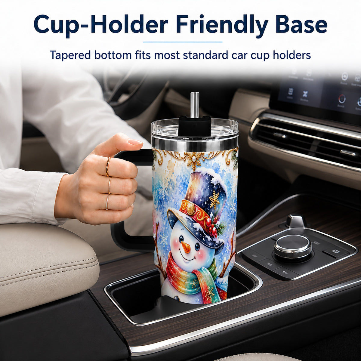 #pl[40oz|Black] Holly Snowman 40oz Tumbler with Handle, Stainless Steel Travel Cup