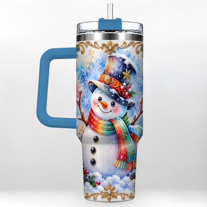 #pl[40oz|Blue] Holly Snowman 40oz Tumbler with Handle, Stainless Steel Travel Cup