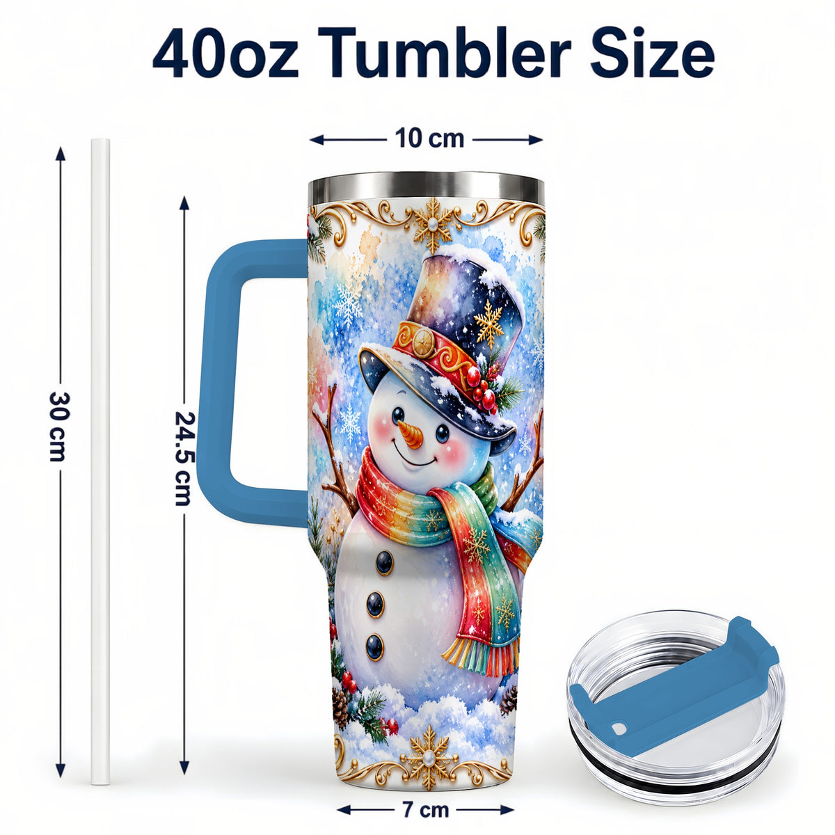 #pl[40oz|Blue] Holly Snowman 40oz Tumbler with Handle, Stainless Steel Travel Cup