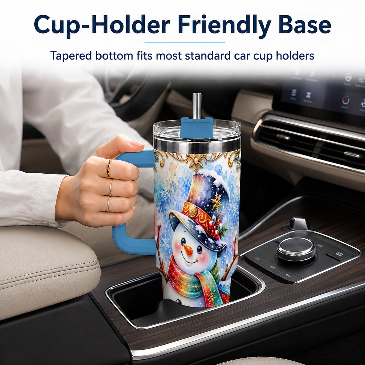 #pl[40oz|Blue] Holly Snowman 40oz Tumbler with Handle, Stainless Steel Travel Cup