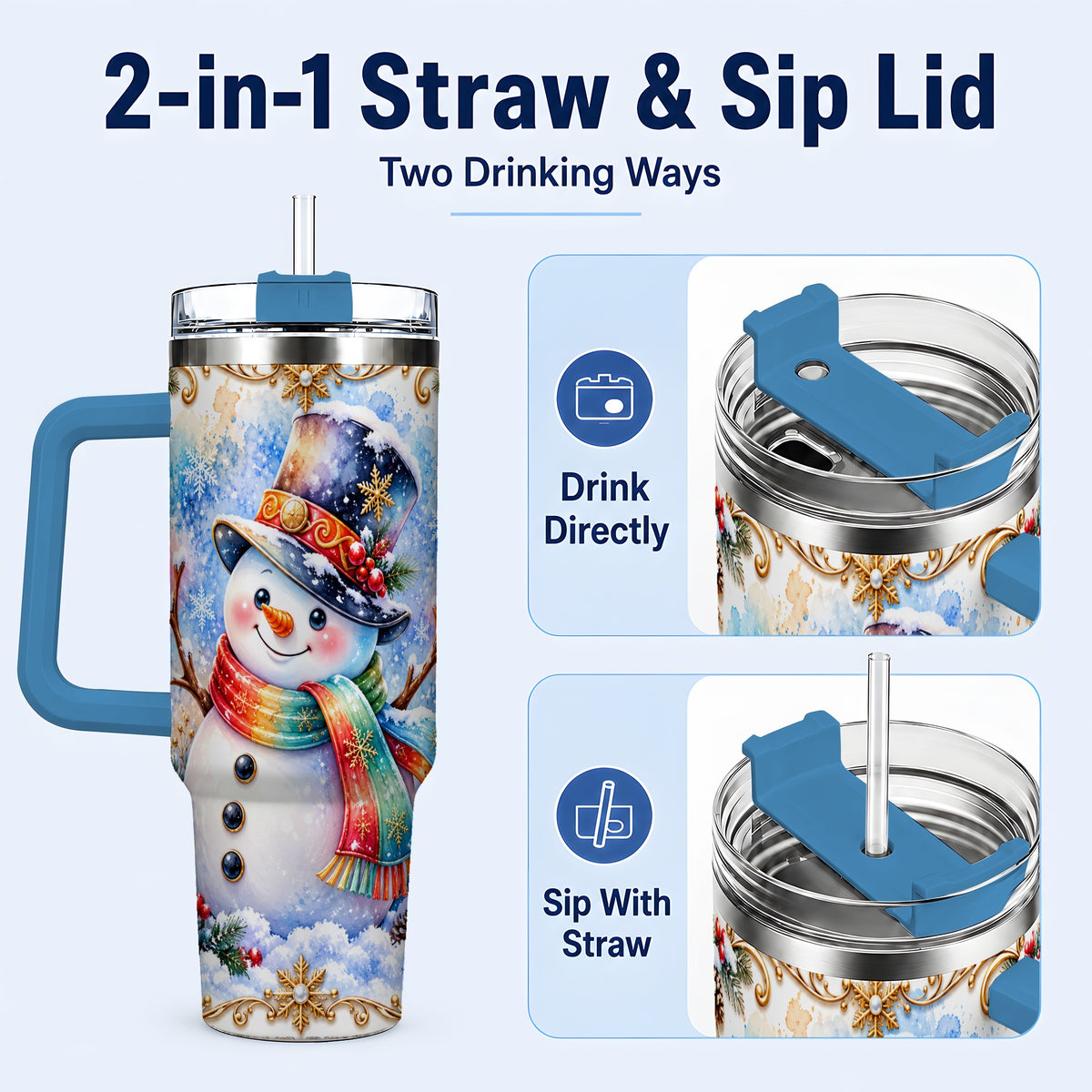 #pl[40oz|Blue] Holly Snowman 40oz Tumbler with Handle, Stainless Steel Travel Cup