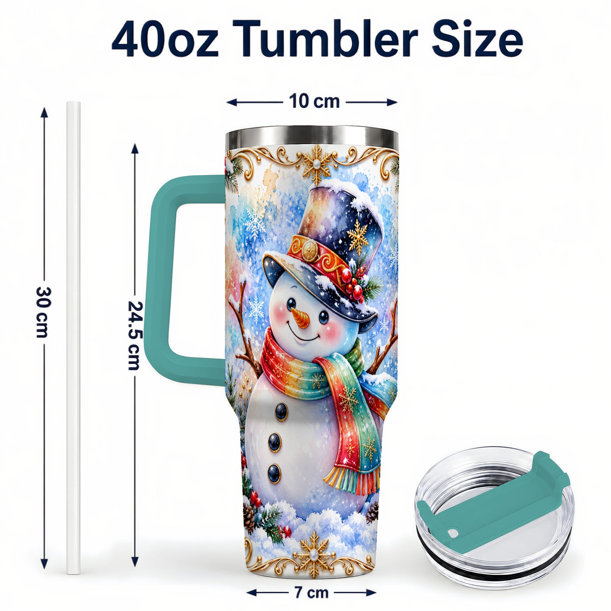 #pl[40oz|Green] Holly Snowman 40oz Tumbler with Handle, Stainless Steel Travel Cup