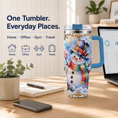 #pl[40oz|Blue] Holly Snowman 40oz Tumbler with Handle, Stainless Steel Travel Cup