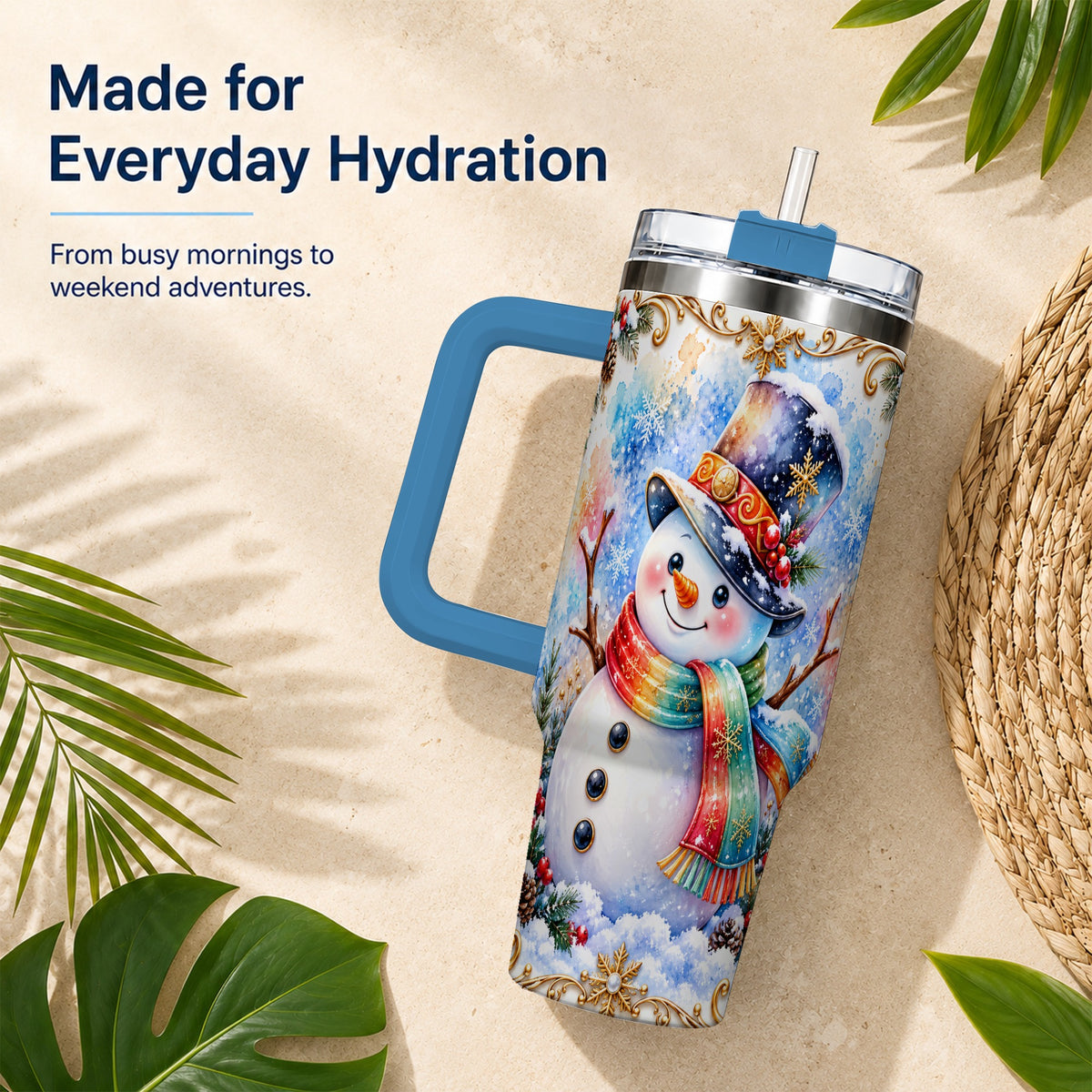 #pl[40oz|Blue] Holly Snowman 40oz Tumbler with Handle, Stainless Steel Travel Cup