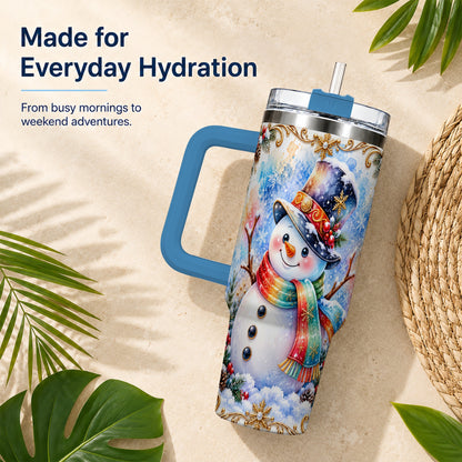 #pl[40oz|Blue] Holly Snowman 40oz Tumbler with Handle, Stainless Steel Travel Cup