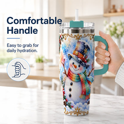 #pl[40oz|Green] Holly Snowman 40oz Tumbler with Handle, Stainless Steel Travel Cup
