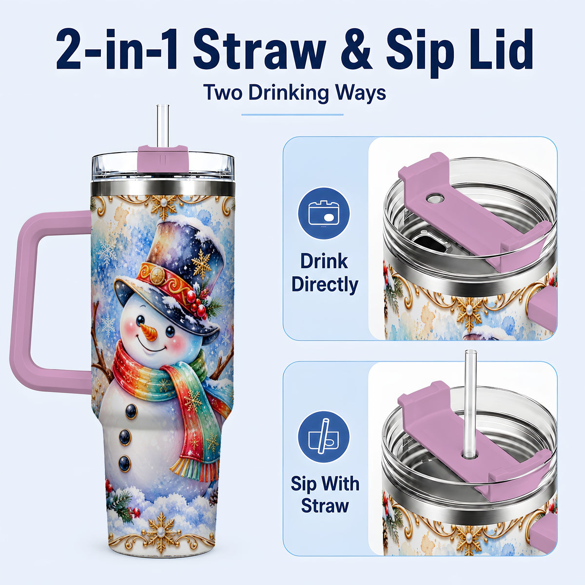 #pl[40oz|Pink] Holly Snowman 40oz Tumbler with Handle, Stainless Steel Travel Cup