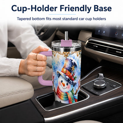 #pl[40oz|Pink] Holly Snowman 40oz Tumbler with Handle, Stainless Steel Travel Cup