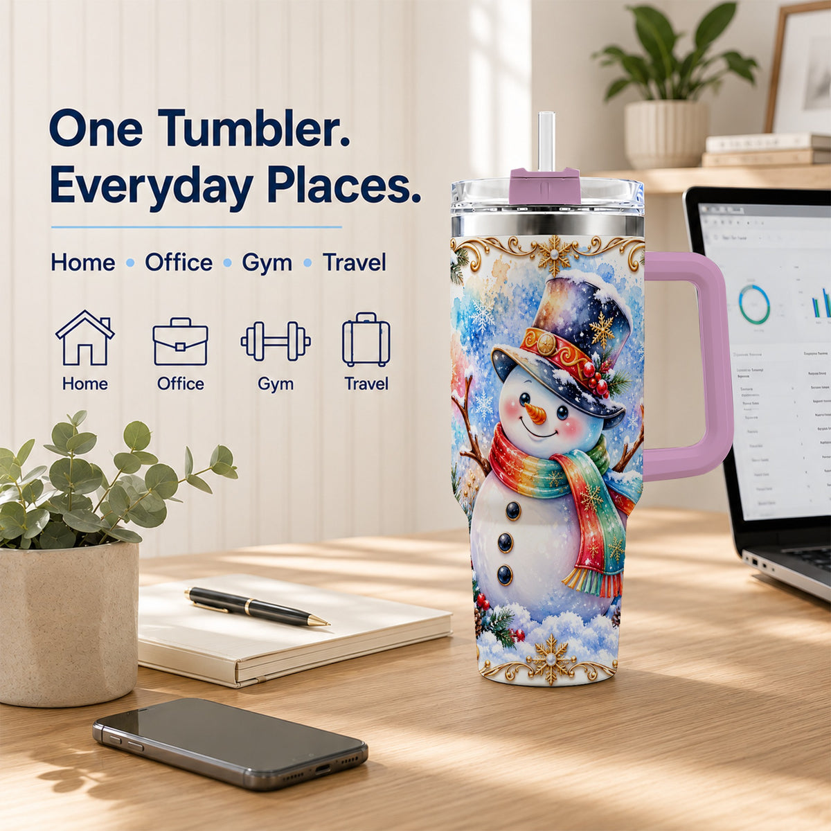 #pl[40oz|Pink] Holly Snowman 40oz Tumbler with Handle, Stainless Steel Travel Cup