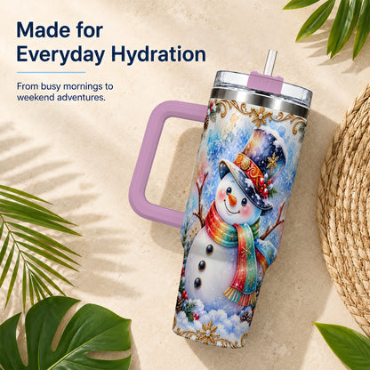 #pl[40oz|Pink] Holly Snowman 40oz Tumbler with Handle, Stainless Steel Travel Cup