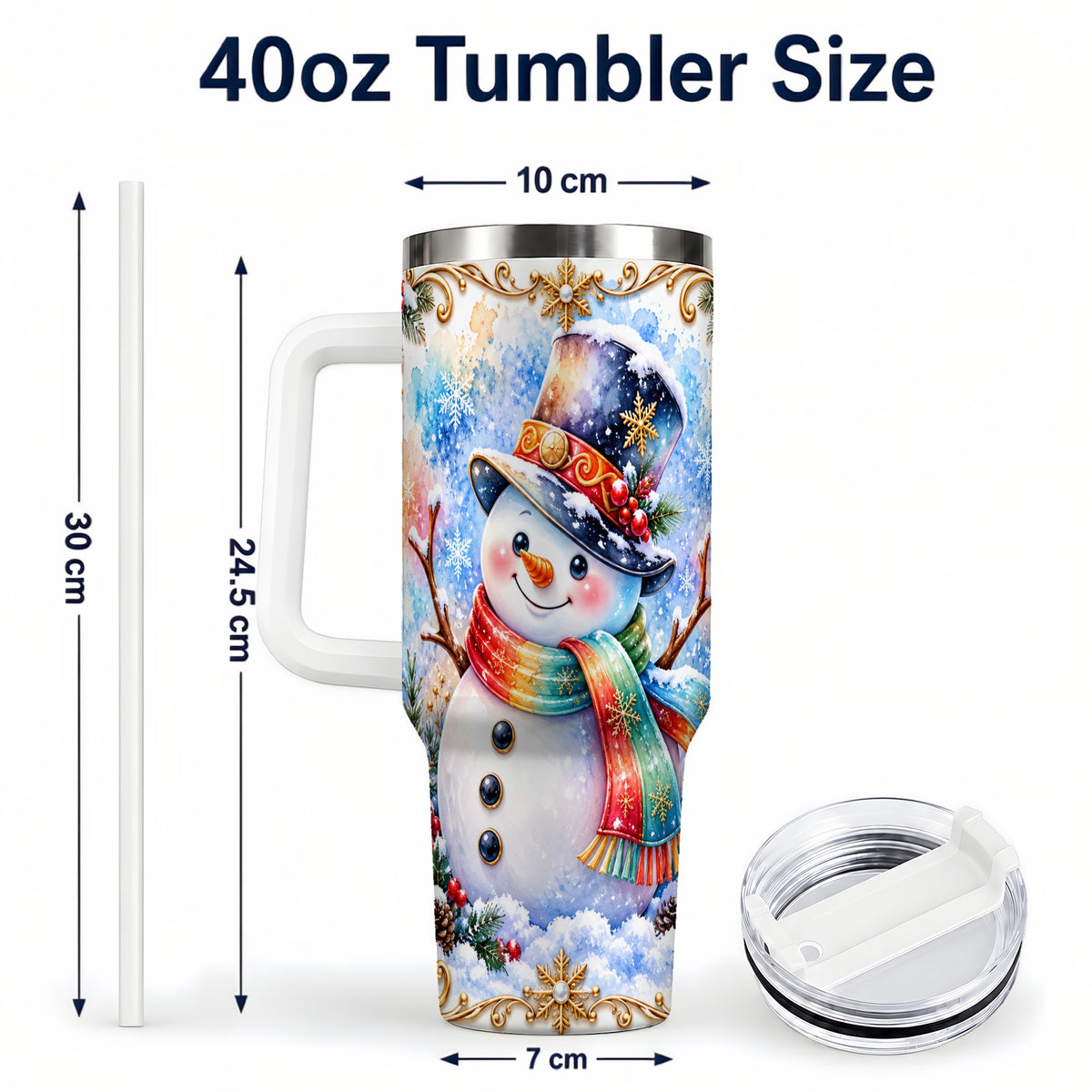 #pl[40oz|White] Holly Snowman 40oz Tumbler with Handle, Stainless Steel Travel Cup
