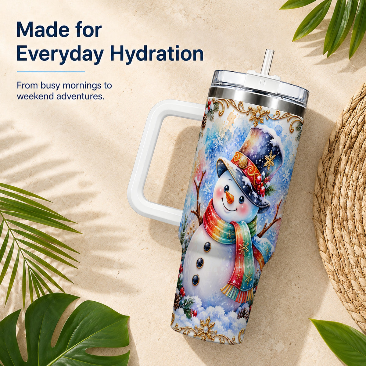 #pl[40oz|White] Holly Snowman 40oz Tumbler with Handle, Stainless Steel Travel Cup