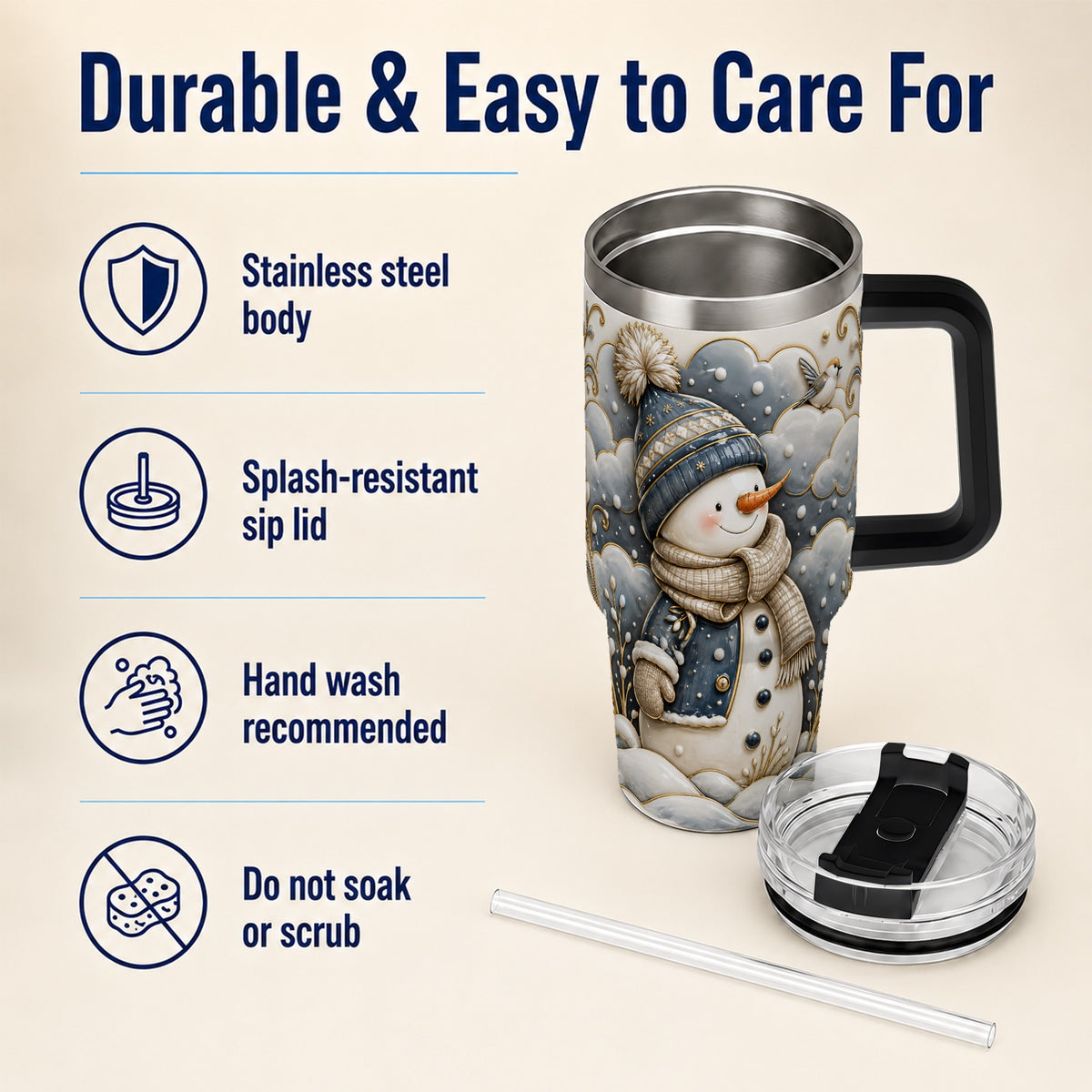 #pl[40oz|Black] Blue Gold Snowman 40oz Tumbler with Handle, Stainless Steel Travel Cup
