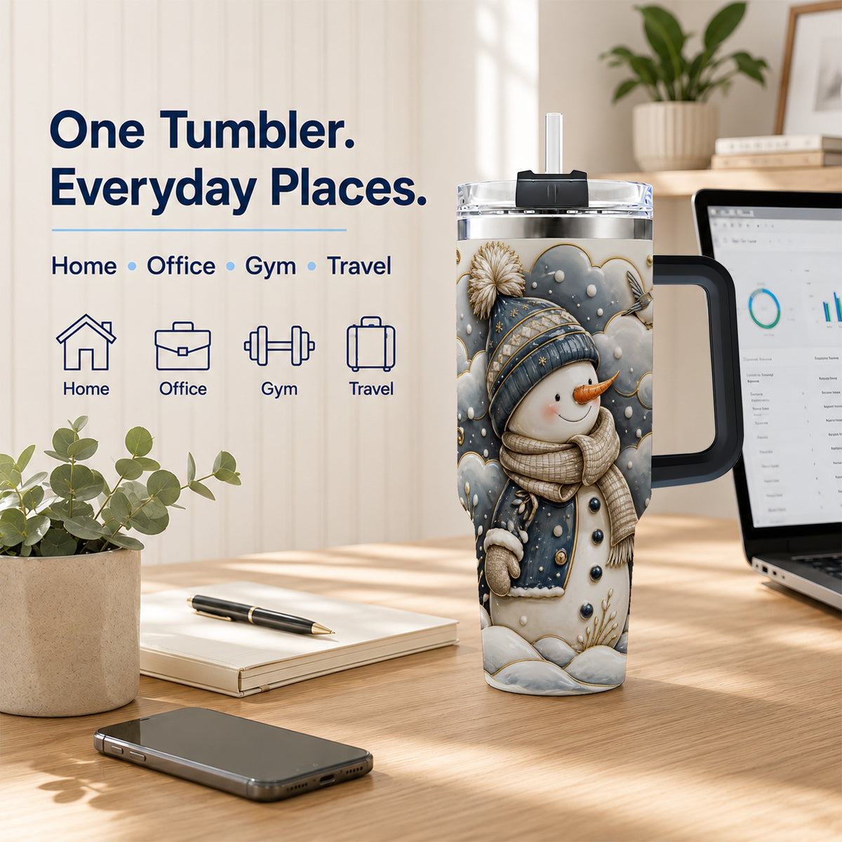 #pl[40oz|Black] Blue Gold Snowman 40oz Tumbler with Handle, Stainless Steel Travel Cup