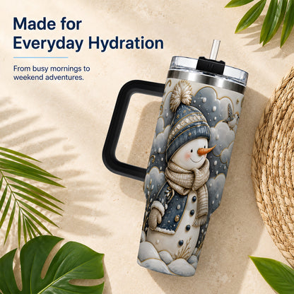 #pl[40oz|Black] Blue Gold Snowman 40oz Tumbler with Handle, Stainless Steel Travel Cup