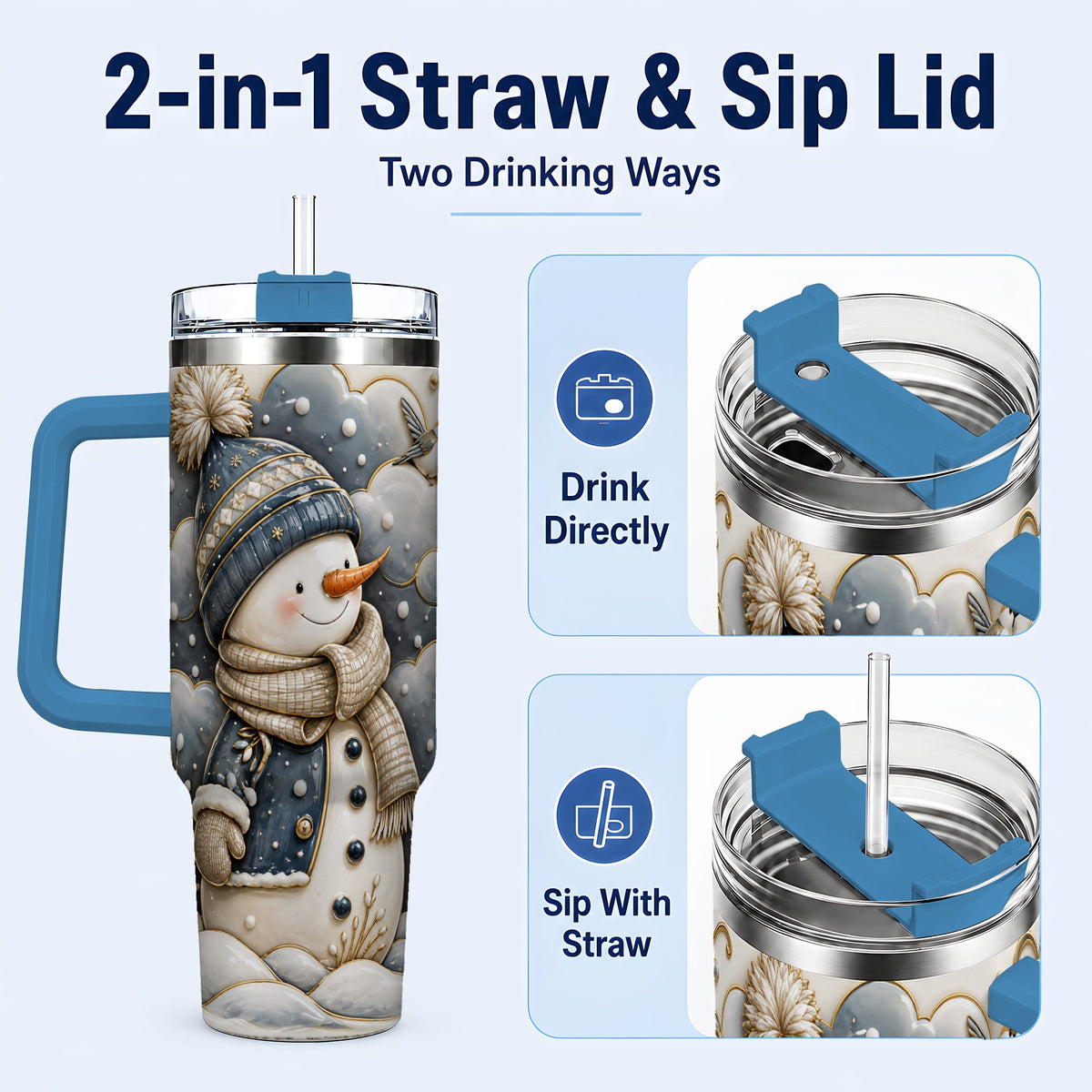 #pl[40oz|Blue] Blue Gold Snowman 40oz Tumbler with Handle, Stainless Steel Travel Cup