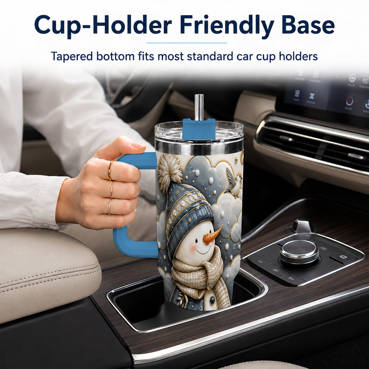 #pl[40oz|Blue] Blue Gold Snowman 40oz Tumbler with Handle, Stainless Steel Travel Cup
